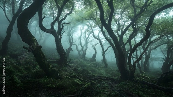 Fototapeta A foggy forest with twisted forms and deep dark colors creating unease