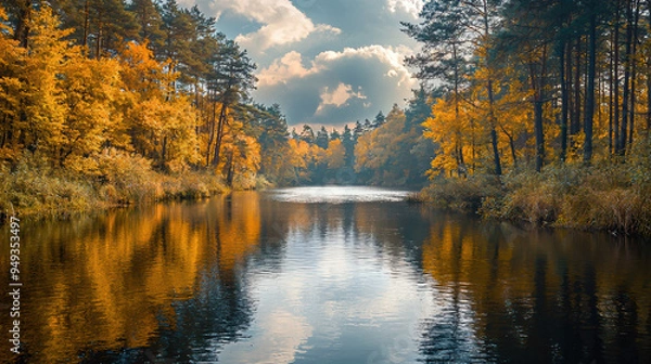 Fototapeta A serene landscape with a wide river flowing gently through a dense forest, with the golden hues of autumn leaves reflecting in the water under a soft, cloudy sky --ar 16:9 --q 2