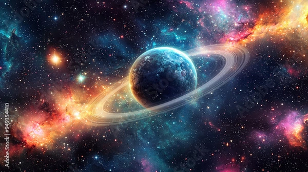 Obraz A galaxy background showcasing a distant planet with rings, surrounded by colorful nebulae and clusters of stars, with a deep space backdrop --ar 16:9 --q 2