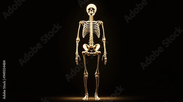 Fototapeta A high-contrast image of human bones, showcasing the skeletal system in a standing position with shadows adding depth and highlighting the bone structure --ar 16:9 --q 2