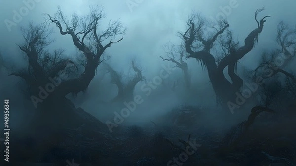 Fototapeta A foggy dark forest with twisted trees and hidden Halloween creatures