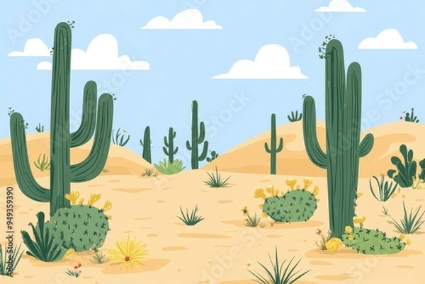 Fototapeta A cartoon illustration of a desert landscape with tall cacti, sand dunes, and a blue sky with white clouds.