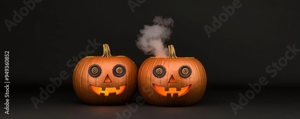 Fototapeta Steampunk jack-o'-lantern with intricate metalwork, gears, and glowing mechanical eyes, giving it an industrial, spooky vibe, Halloween steampunk, mechanical pumpkin