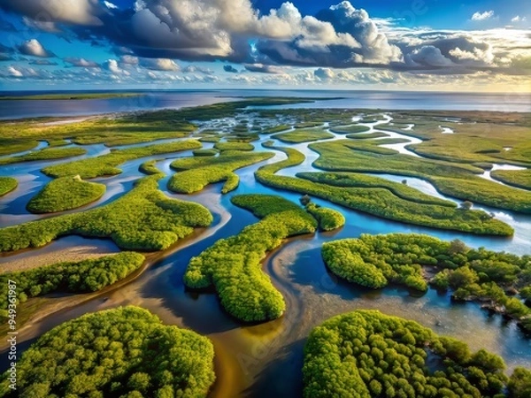 Fototapeta Overhead drone shot of a saltwater marsh, with water flooding the landscape and creating a mesmerizing pattern of tidal channels and mangrove islands