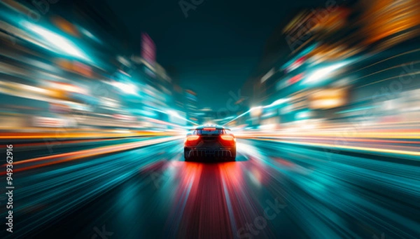 Fototapeta A car is driving down a road at night by AI generated image