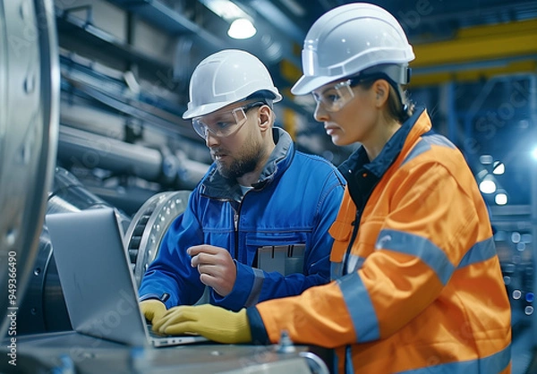 Fototapeta Two workers in safety gear are looking at a laptop computer