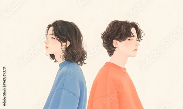 Fototapeta Delicate watercolor line drawing upper body of two cute 15-year-old boys, Generative AI