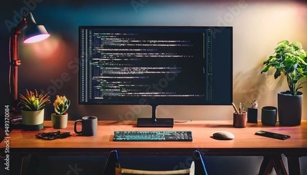 Obraz A modern and minimalistic workspace setup featuring a widescreen monitor displaying lines of programming code, Generative AI