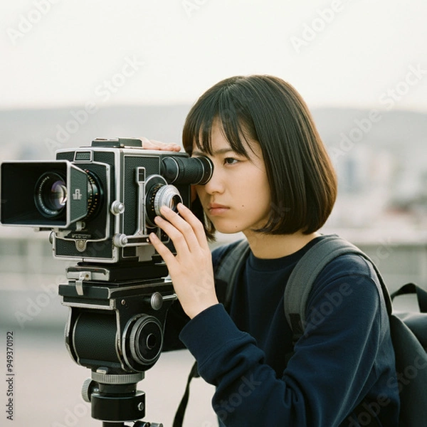 Fototapeta ビンテージフィルムカメラで撮影する女性