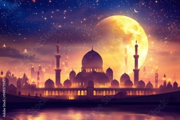 Fototapeta Realistic Ramadan Glow Mosque Moon and Bokeh islamic ramadan eid mubarak kareem mosque background islamic mosque illustration with generative ai