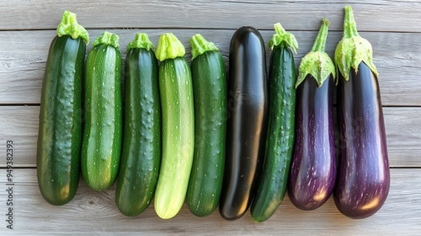 Fototapeta A row of fresh cucumbers and eggplants arranged on a wooden surface, showcasing vibrant colors and freshness.
