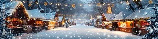 Fototapeta Snow-covered Christmas market with festive stalls and lights, full empty copy space for text.