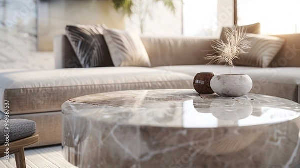Fototapeta 07231249 84. Intricate close-up of a neutral marble coffee table designed for product display, set in a spacious modern living room with an emphasis on clean lines and open space, captured in a