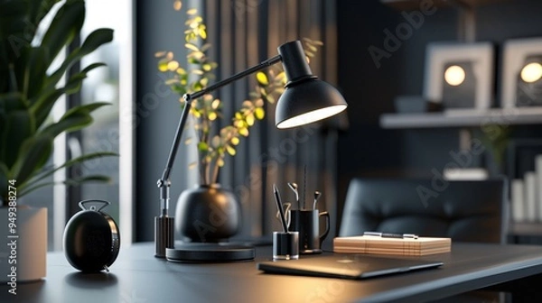 Fototapeta 07231249 99. Detailed close-up 3D render of a stylish dark workspace tabletop featuring a contemporary table lamp, elegant decor pieces, and ample copy space for product mockup display, set against a
