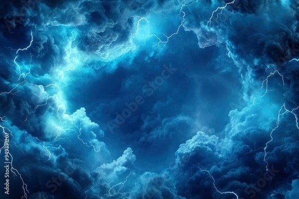 Fototapeta Vector frame design made of stormy blue sky with smoke and fog effects, accentuated by the radiance of branched lightning to create spectacular background images with generative ai