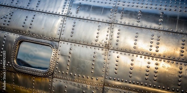 Fototapeta Close-up of riveted metal from aircraft, aircraft, metal, rivets, close-up, industrial, texture, background