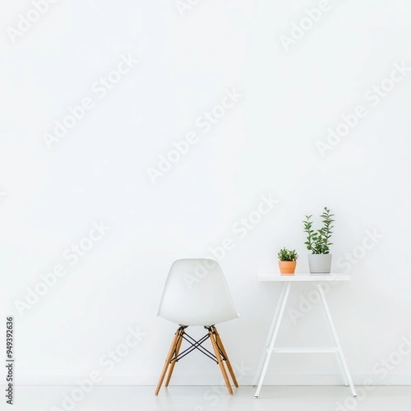 Fototapeta Minimalist White Room Interior Design with Chair  Table  and Plants