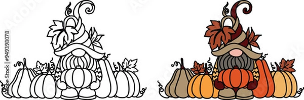 Fototapeta Groovy cute autumn harvest gnome holding pumpkin with leaf and acorn falling, with editable thickness of the lines for coloring page or design element.. Vector illustration.