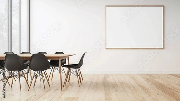 Fototapeta Minimalist Dining Room with Wooden Table and Chairs  White Wall  Large Frame  and Hardwood Floor