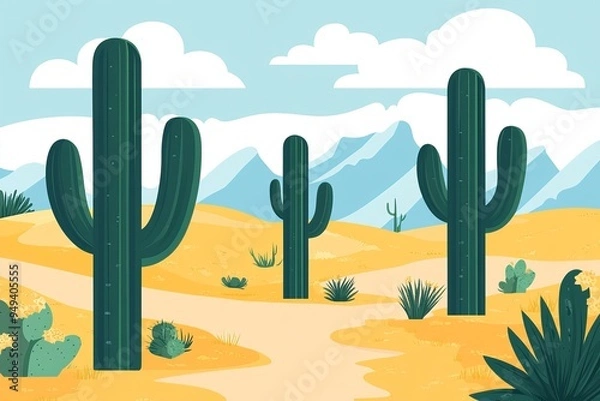 Fototapeta A desert landscape with tall cacti, small bushes, and mountains in the background.