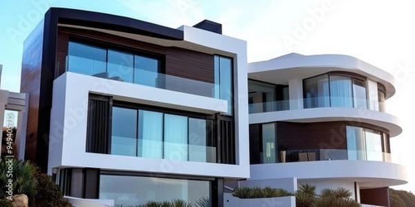 Obraz Modern Luxury Home Architecture with Glass Balconies and Curved Facade
