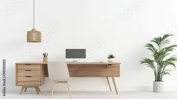Fototapeta Minimalist Home Office Desk with White Wall and Natural Light