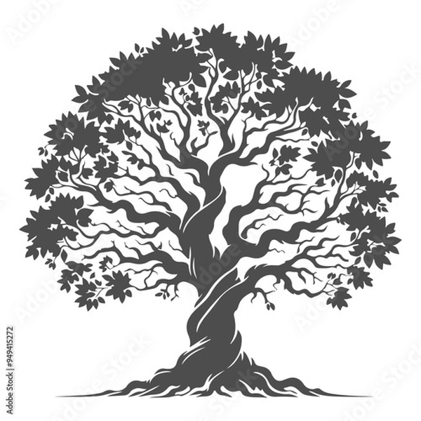 Fototapeta Bonsai black tree silhouette, isolated on white background.  Forest tree with leaves vector logo.