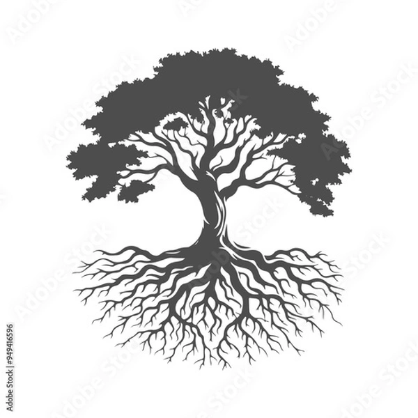 Fototapeta Bonsai black tree silhouette, isolated on white background.  Forest tree with leaves vector logo.
