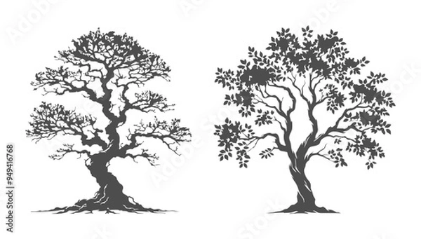 Fototapeta Bonsai black tree silhouette, isolated on white background.  Forest tree with leaves vector logo.