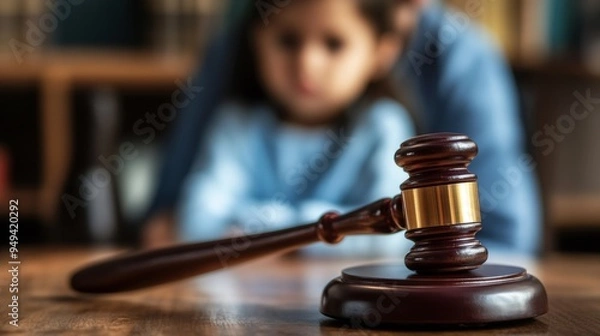 Fototapeta Judge's Gavel with Blurred Child. Child Custody Concept