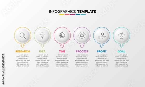 Obraz Business infographic template process with simple geometry square, rectangle, circle, triangle, curves in flat design template with thin line icons and 6 options or steps. Vector illustration.