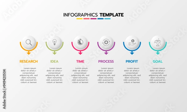 Obraz Business infographic template process with simple geometry square, rectangle, circle, triangle, curves in flat design template with thin line icons and 6 options or steps. Vector illustration.