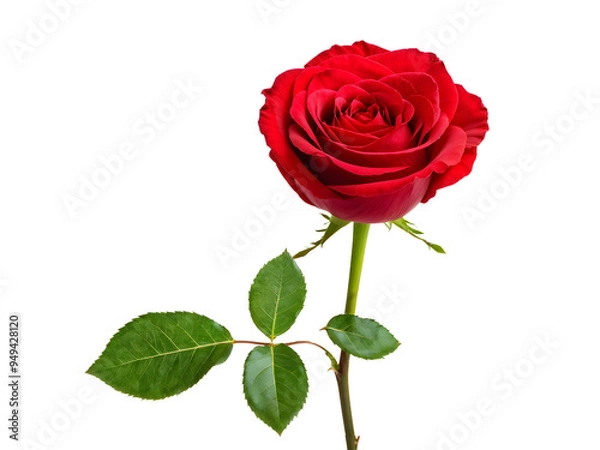 Fototapeta Dark red rose with green leaves isolated on transparent background
