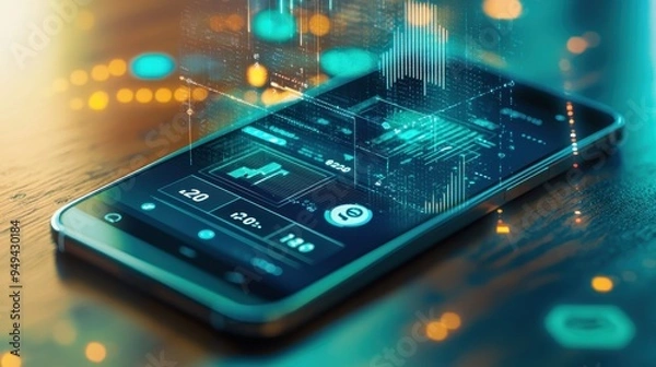 Fototapeta Futuristic Digital Data and Graph Interface on Smartphone Screen