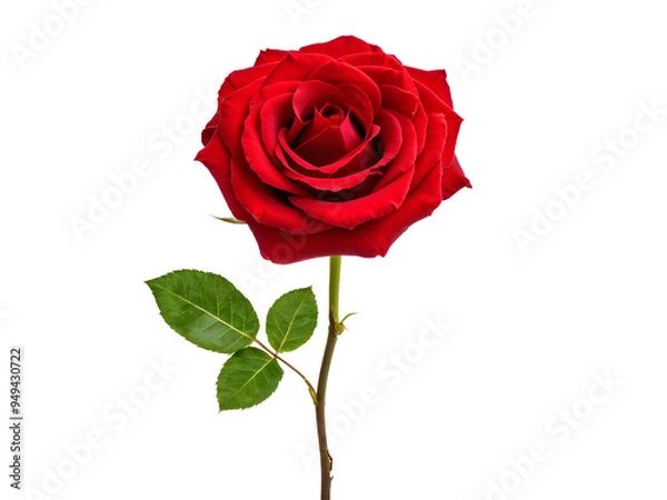 Fototapeta Dark red rose with green leaves isolated on transparent background
