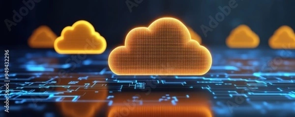 Obraz Digital cloud computing concept with glowing orange clouds on a futuristic circuit board background.