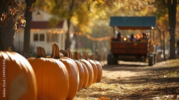 Fototapeta A hayride passing by a row of pumpkins at a fall-themed festival