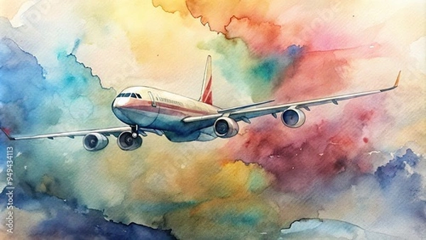 Obraz Airplane Flying Through Watercolor Clouds