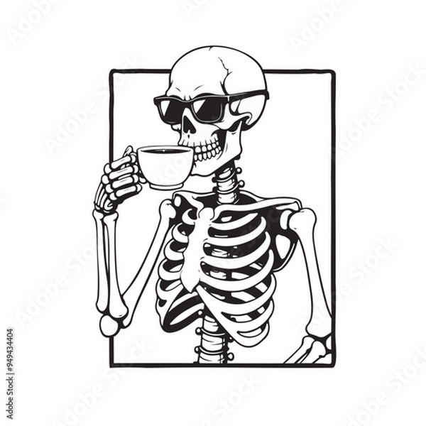 Obraz Gothic Skeleton Standing with Coffee, Dark Vector Illustration