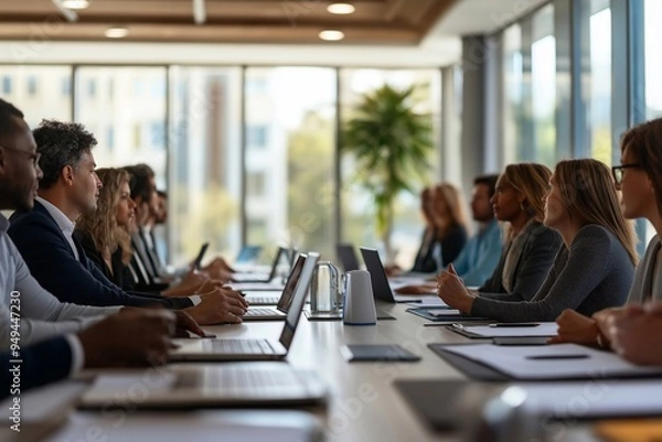 Fototapeta a diverse group of stakeholders engaged in a strategic meeting. collaboration, leadership buy-in, and active participation in driving the firm towards a knowledge-centric future.