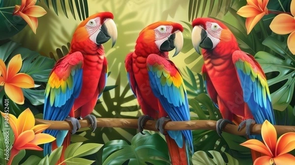 Fototapeta Three Scarlet Macaws Perched on a Branch