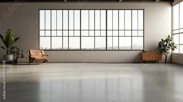 Fototapeta Spacious modern loft with large windows, minimalist furniture, and natural light creating a serene and open atmosphere.