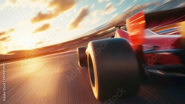 Fototapeta Dynamic race car speeding on an asphalt track, vibrant colors and intense motion blur capture the thrill of high-speed competition in a 3D rendered scene.