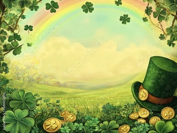 Obraz St. Patrick's Day Background with Shamrocks, Gold Coins, Rainbow and Leprechaun Hat.