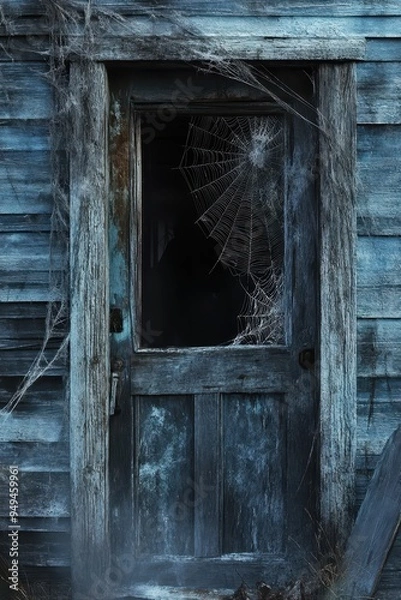 Fototapeta Abandoned House Door with Cobwebs and Dark Window.