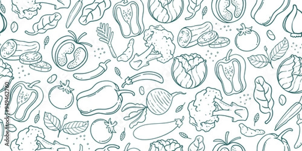 Fototapeta Vegetable seamless pattern with hand drawn doodle line art.