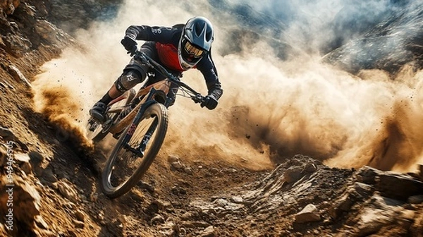 Fototapeta A daring cyclist races down a rugged path, embodying pure exhilaration as clouds of dust swirl in their wake.
