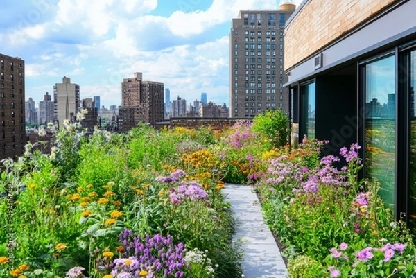 Fototapeta Rooftop garden featuring an array of colorful flowers and herbs. Cityscape visible from the garden, Generative AI