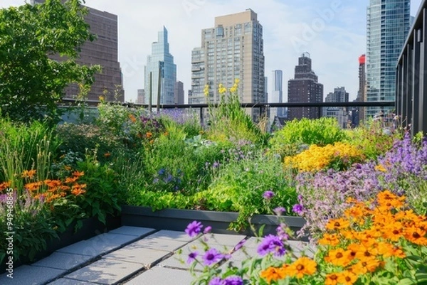 Fototapeta Rooftop garden featuring an array of colorful flowers and herbs. Cityscape visible from the garden, Generative AI