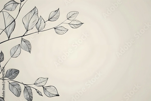 Fototapeta Blank Frame with Hand Dran Line Art of Branches of Eucalyptus, Tree, and Leaves. Minimalist Design on Gray Background. Copy Space for Text and Web Banner Design, Wedding, and Invitation Card